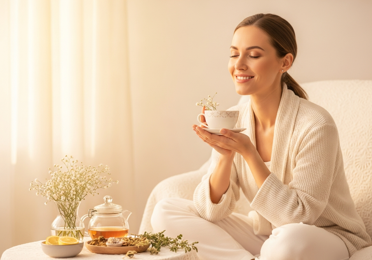 Mulher serena em ambiente de bem-estar